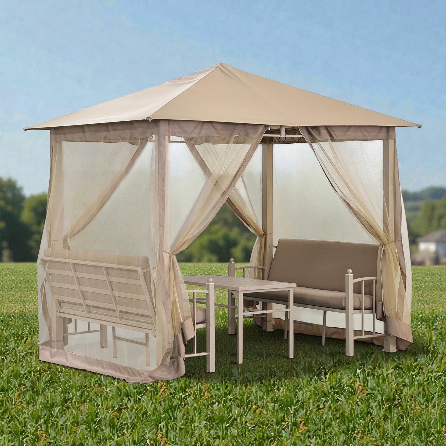 Dryveta Seren Beige Gazebo Lounge Set with Sofas and Table