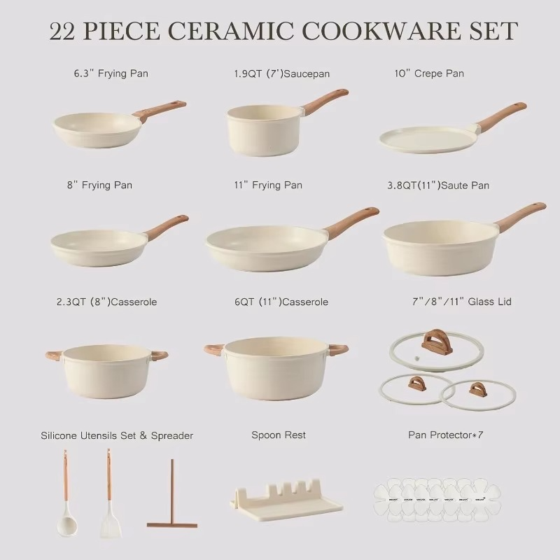 Dryveta Ceramic Nonstick Cookware Set 22-Piece Tempered Glass Lids